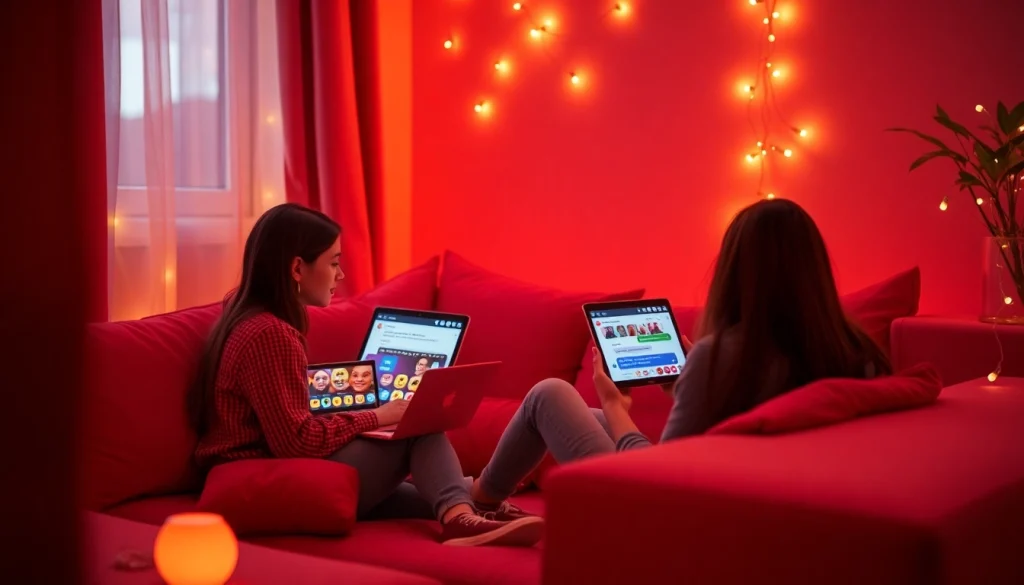 Engaging chat interaction visual featuring sex chat AI personas in a cozy digital setting.