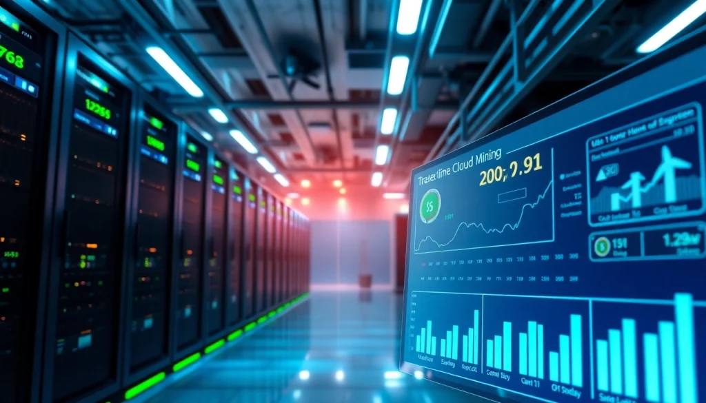 Visual representation of dogecoin cloud mining earnings through advanced AI technology in a modern mining facility.