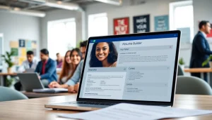Create a standout Resume Builder with a modern interface in a vibrant office.