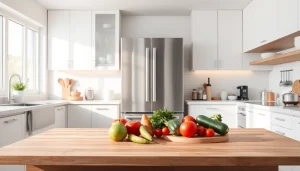 The stainless steel refrigerator stands out in a modern kitchen with vibrant produce on a countertop.
