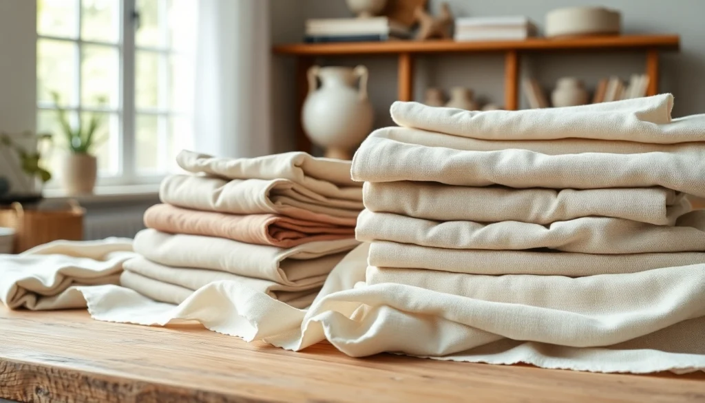 Linnen stoffen mooi gestapeld op een houten tafel met natuurlijke lichtinval.