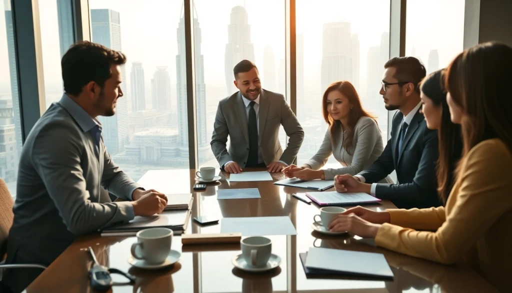 Business Consultants in Dubai brainstorming in a modern office with a view of the skyline.