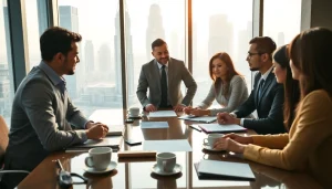 Business Consultants in Dubai brainstorming in a modern office with a view of the skyline.