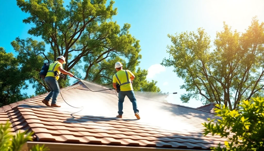 Roof cleaning service in Kissimmee, showcasing professionals using soft wash technology.