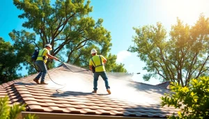 Roof cleaning service in Kissimmee, showcasing professionals using soft wash technology.
