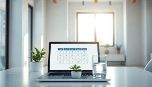 Calculate your healthy weight range with this ideal weight calculator interface in a modern office.