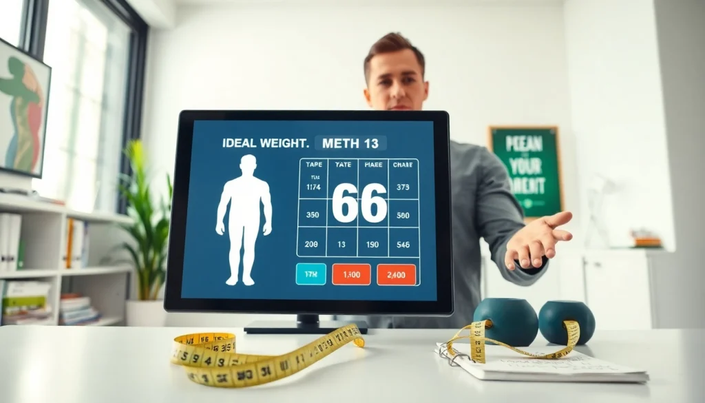 Calculate your ideal weight with an interactive ideal weight calculator demonstrating body metrics in a fitness setting.
