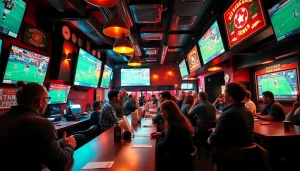 Engaging atmosphere of online sports betting Canada at a busy sports bar with fans actively placing bets.