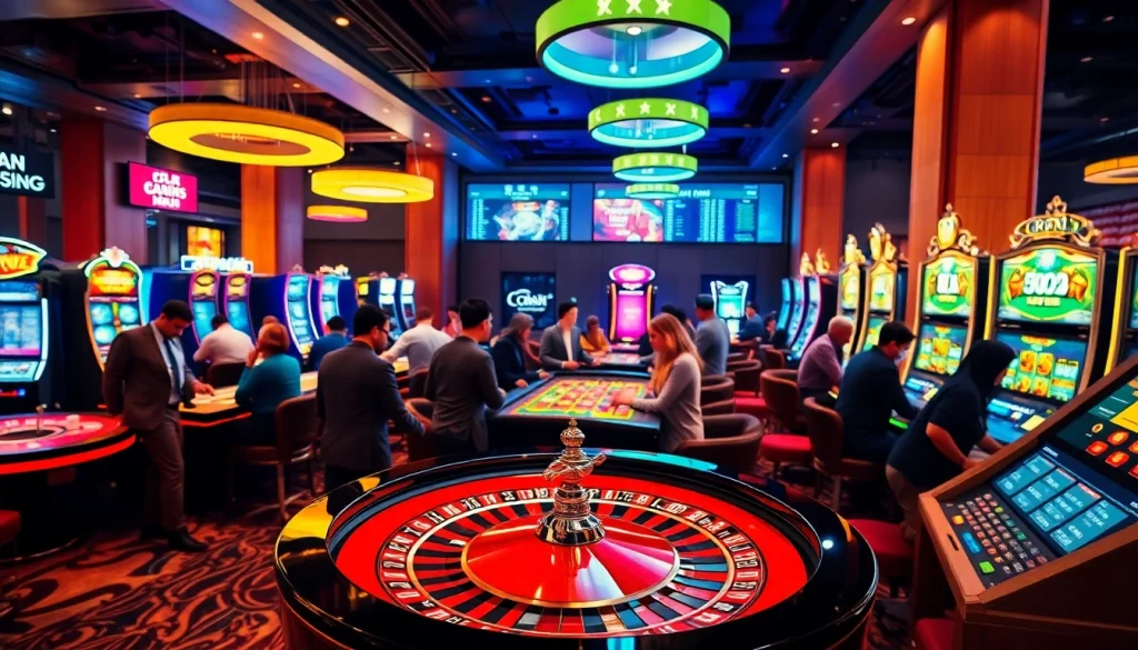 Engaged players enjoying games at Canada online casinos in a lively casino atmosphere.