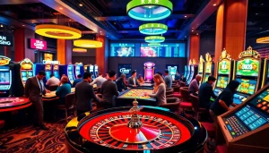 Engaged players enjoying games at Canada online casinos in a lively casino atmosphere.