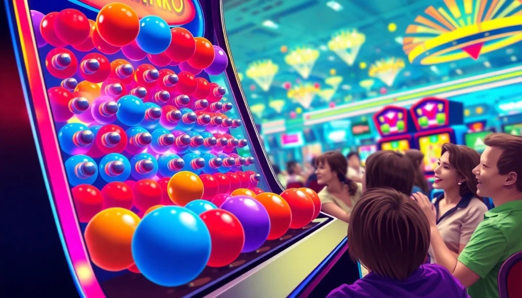 Slot plinko gameplay dengan bola berwarna-warni jatuh ke papan, menciptakan suasana seru.