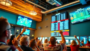 Engaged fans celebrating online sports betting Alabama in a vibrant sports bar atmosphere.