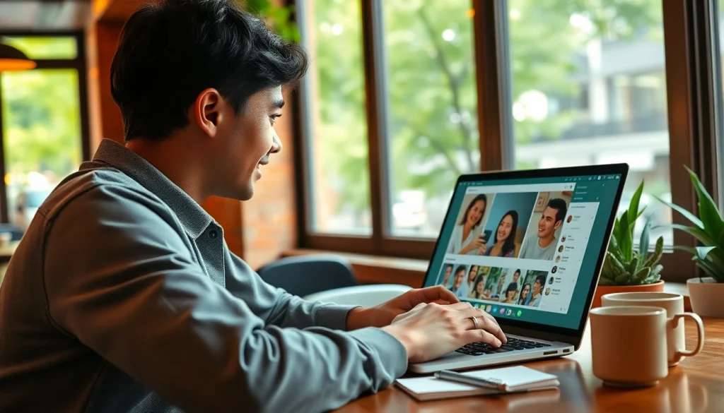 在舒适的咖啡馆环境中，通过 WhatsApp Web 进行视频通话的兴奋用户。