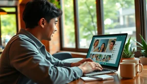 在舒适的咖啡馆环境中，通过 WhatsApp Web 进行视频通话的兴奋用户。