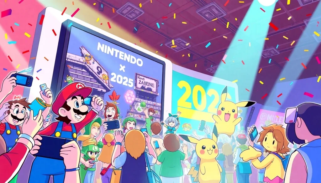 Nintendo Direct 2025 announcements collage showcasing fan excitement, iconic characters, and screen highlights.