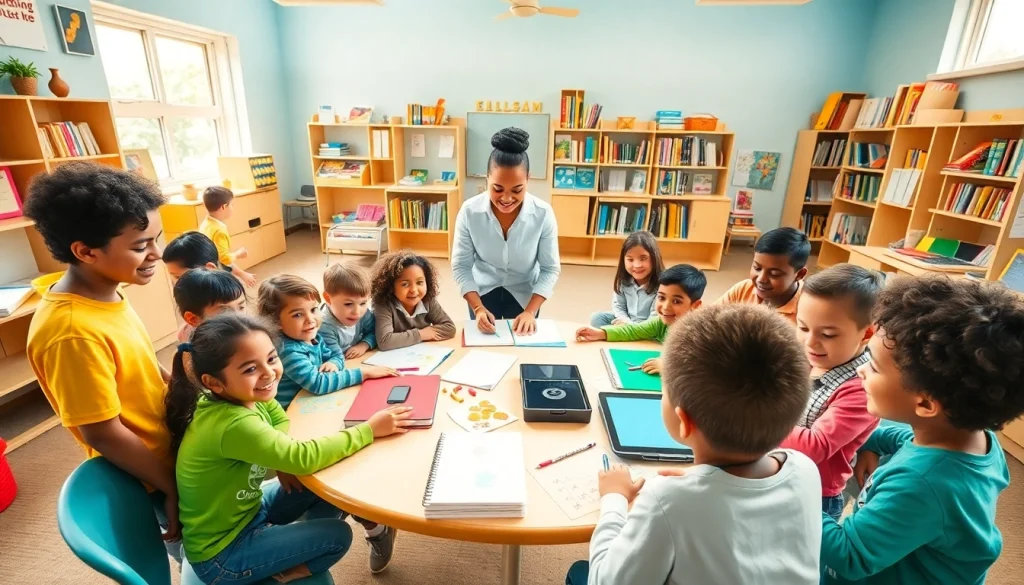 Education classroom scene with diverse students collaborating in a bright and engaging environment.