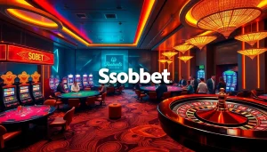 Sbobet logo in a luxurious casino setting with excited gamblers at poker tables.