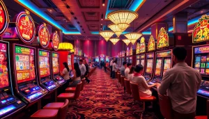 Engaging in a mahjong slot demo amidst a bustling casino filled with colorful slot machines.