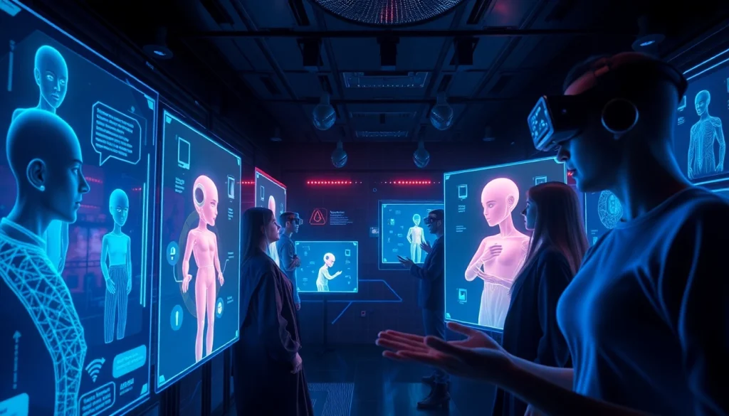 Engaging scene of users interacting with AI NSFW chatbots in a futuristic digital environment.