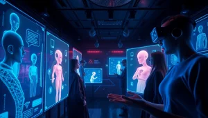 Engaging scene of users interacting with AI NSFW chatbots in a futuristic digital environment.