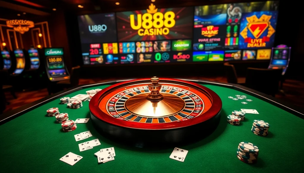 Experience the thrill of online gambling with U888 link mới showcasing a vibrant casino scene filled with action.