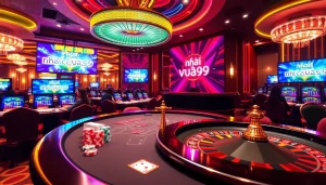 Action-packed gambling scene at nhà cái vua99 with colorful poker chips, cards, and a roulette wheel.