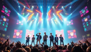 BTS news showcasing the band in a vibrant performance, engaging fans with energy.