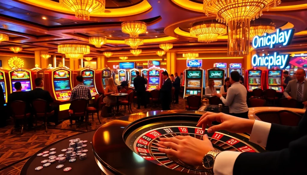 Engage with Onicplay's thrilling slot machines in a vibrant casino setting.