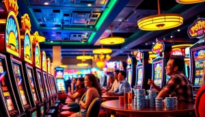 Permainan slot pg soft menampilkan pemain bersemangat dan mesin slot berwarna-warni.