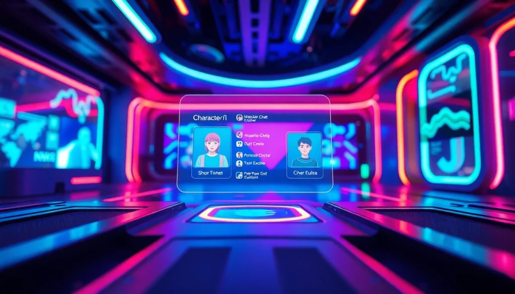 Engaging character AI NSFW interaction in a futuristic digital environment with holographic avatars.