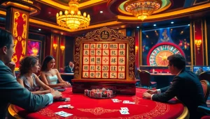 Rasakan demo slot Mahjong yang mendebarkan di kasino mewah, menampilkan meja-meja berwarna cerah dan pemain yang terlibat.