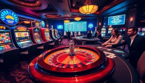 A bustling casino scene showcasing roulette, poker, and slot machines entwined with https://98win3h.blog for a dynamic gambling experience.
