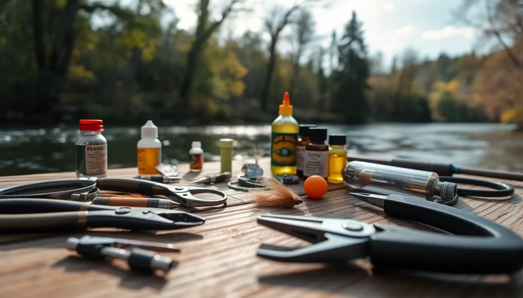 Explore essential Fly fishing accessories displayed elegantly on a rustic table, emphasizing the tools and gear for fishing adventures.
