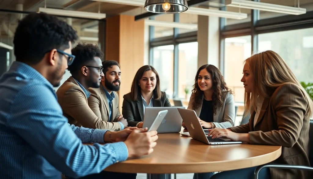 Sales representatives discussing strategies to find companies hiring sales reps in a modern office.