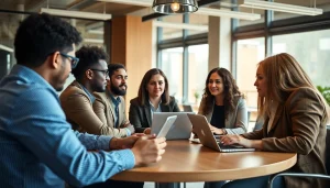 Sales representatives discussing strategies to find companies hiring sales reps in a modern office.