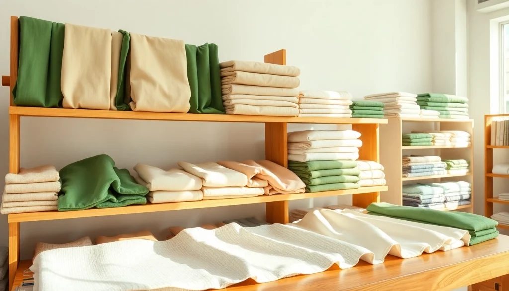 Duurzame stoffen assortiment met diverse biologische katoenstoffen in een stijlvolle winkelomgeving.