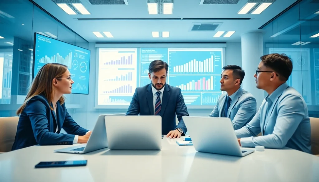 Sales professionals analyzing competitive intelligence for sales in a modern office environment.