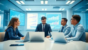 Sales professionals analyzing competitive intelligence for sales in a modern office environment.