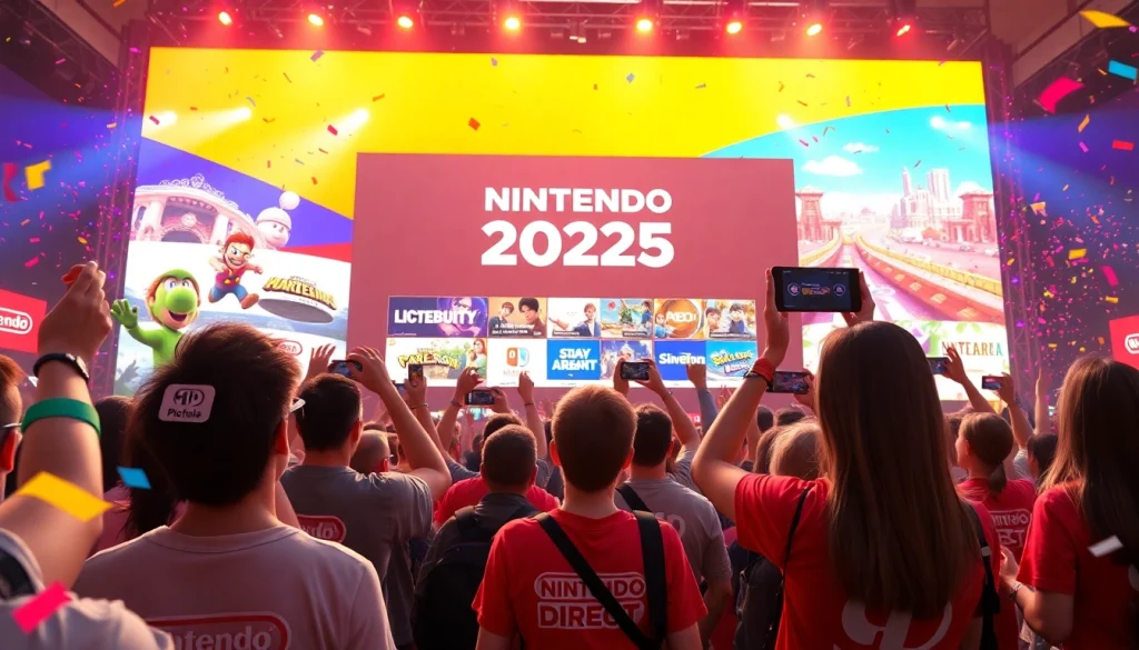 Nintendo Direct 2025 announcements displayed on a big screen with excited fans celebrating.