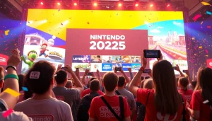 Nintendo Direct 2025 announcements displayed on a big screen with excited fans celebrating.