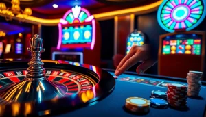 Experience the thrill of link rr88 with vibrant slot machines and a roulette table alive with excitement.