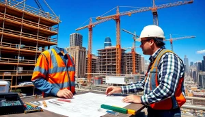 Manhattan General Contractor supervising a construction site with cranes and blue skies.