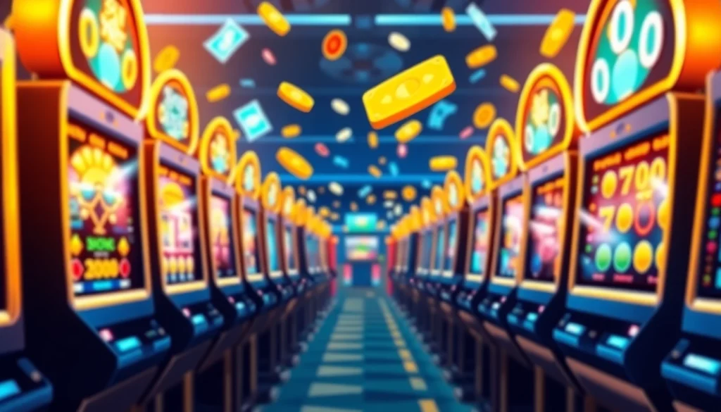 Slot depo 1k, a vibrant online gambling scene with engaging slot machines and currency icons.