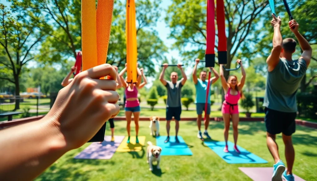 Individuals performing exercises with pull-up resistance bands in an outdoor park, showcasing active lifestyles.