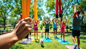 Individuals performing exercises with pull-up resistance bands in an outdoor park, showcasing active lifestyles.