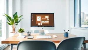 在现代办公环境中，一台时尚的电脑上显示的 WPS Office 软件。