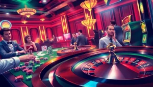 Engaging casino scene at hello88k.blog with players at a roulette table expressing excitement.