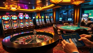 Experience sbobet link alternatif in a luxurious casino setting featuring roulette and poker tables.