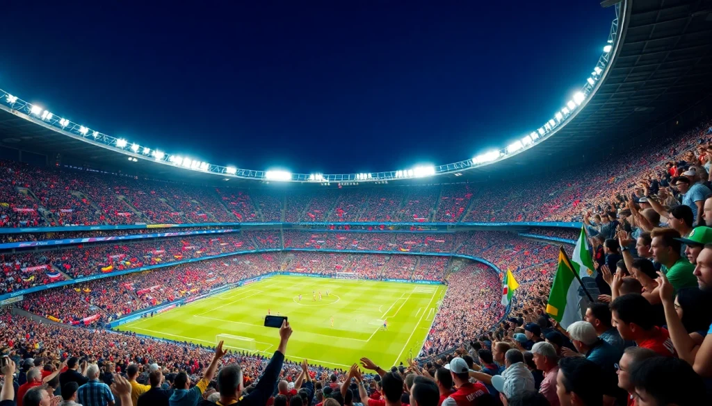 Capture the excitement of ผลบอลยูฟ่าแชมป์เปียนลีก with enthusiastic fans in a vibrant stadium.