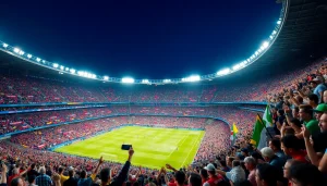 Capture the excitement of ผลบอลยูฟ่าแชมป์เปียนลีก with enthusiastic fans in a vibrant stadium.